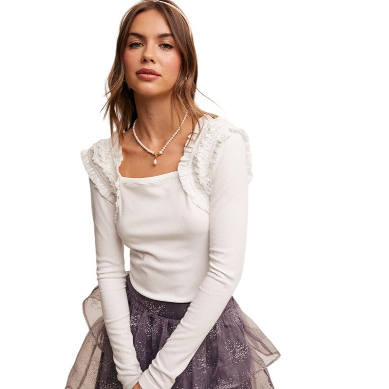 Listicle Square Neck Long Sleeve Ruffle Accent Top Cream or Dusty Rose Blouse LT1361
