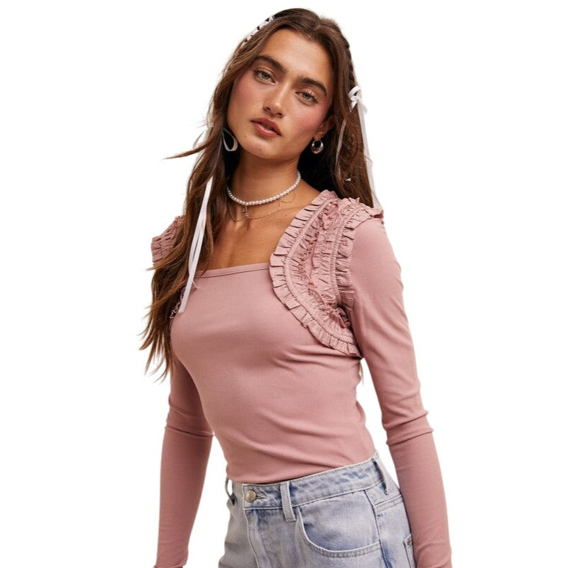 Listicle Square Neck Long Sleeve Ruffle Accent Top Cream or Dusty Rose Blouse LT1361