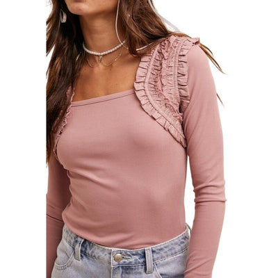 Listicle Square Neck Long Sleeve Ruffle Accent Top Cream or Dusty Rose Blouse LT1361