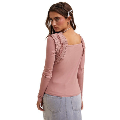 Listicle Square Neck Long Sleeve Ruffle Accent Top Cream or Dusty Rose Blouse LT1361