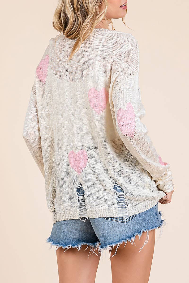 Kori Pink Distressed Heart Light Weight Sweater C5348RE