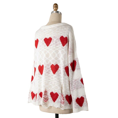 Miracle White Long Sleeve Distressed Heart Sweater W1204-WHITE