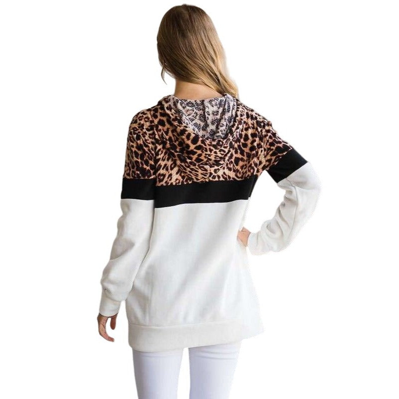 Culture Code's White Color Block Animal Print Long Sleeve Hoodie CHH1350L