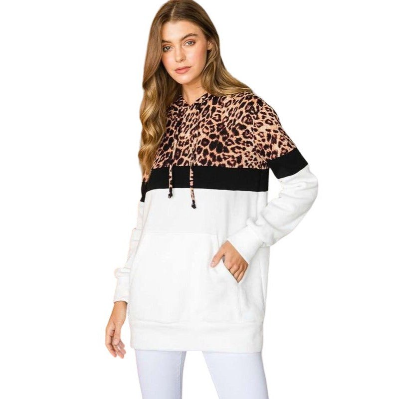 Culture Code's White Color Block Animal Print Long Sleeve Hoodie CHH1350L