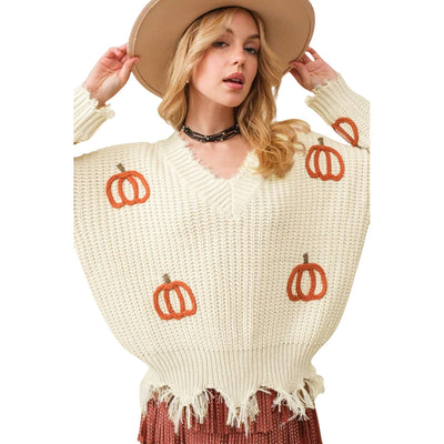 Beige Cable Knit Pumpkin Raw Hem V Neck Sweater LC2725762