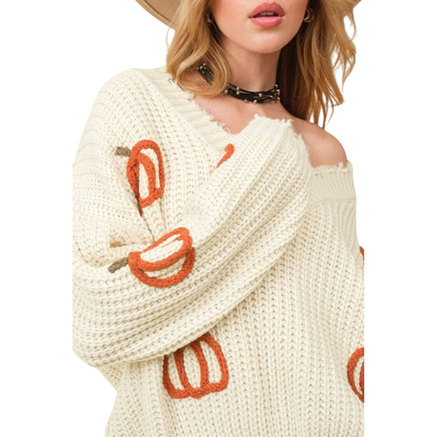Beige Cable Knit Pumpkin Raw Hem V Neck Sweater LC2725762