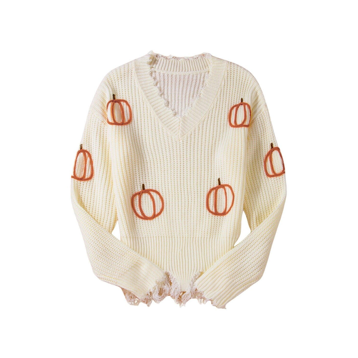 Beige Cable Knit Pumpkin Raw Hem V Neck Sweater LC2725762