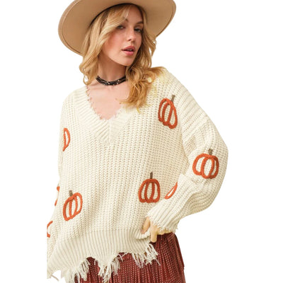 Beige Cable Knit Pumpkin Raw Hem V Neck Sweater LC2725762