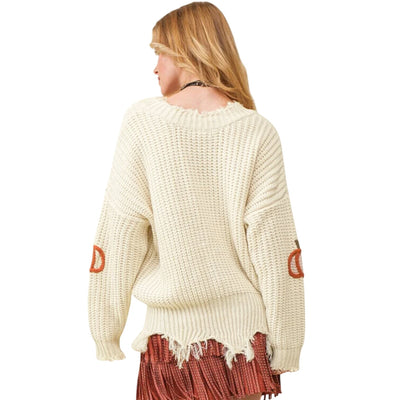 Beige Cable Knit Pumpkin Raw Hem V Neck Sweater LC2725762