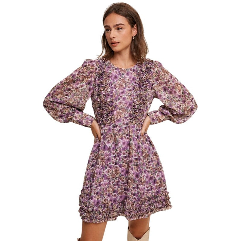 Listicle Floral Ruffle Long Sleeve Violet Mini Dress LD1311