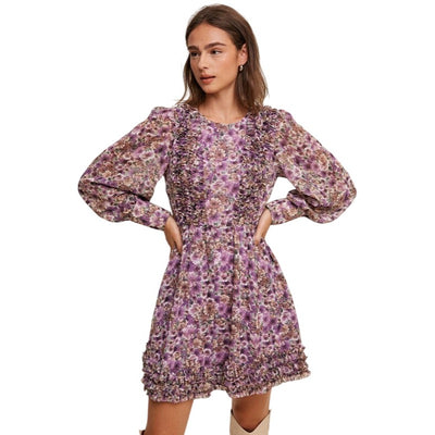 Listicle Floral Ruffle Long Sleeve Violet Mini Dress LD1311