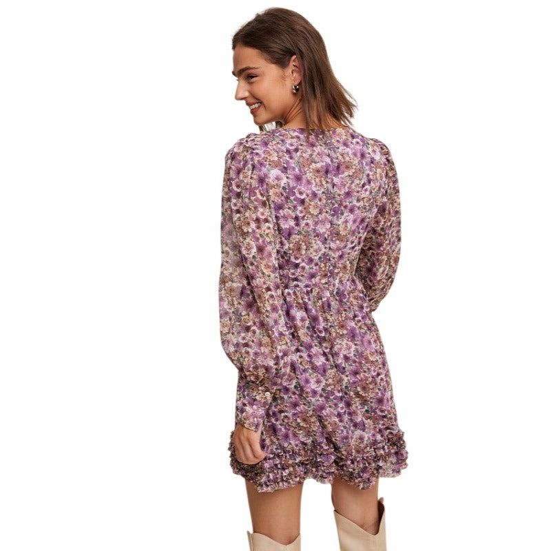 Listicle Floral Ruffle Long Sleeve Violet Mini Dress LD1311