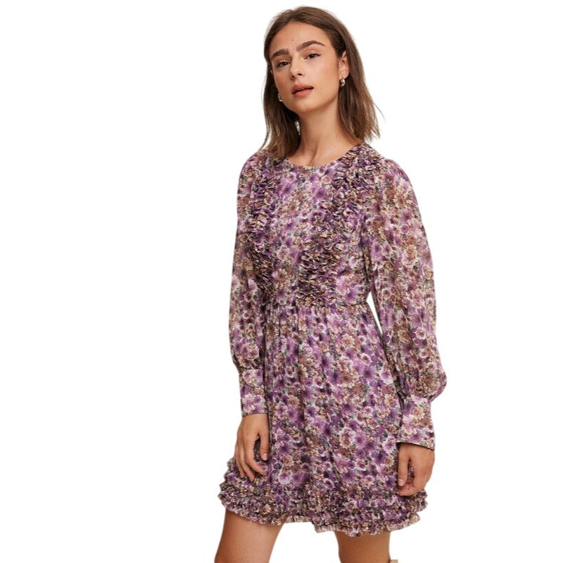 Listicle Floral Ruffle Long Sleeve Violet Mini Dress LD1311