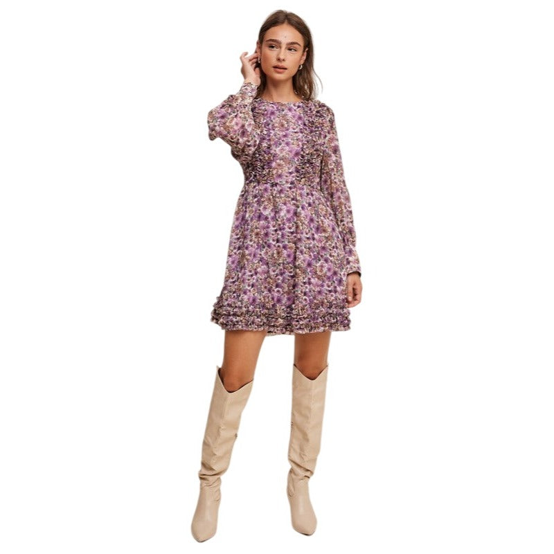 Listicle Floral Ruffle Long Sleeve Violet Mini Dress LD1311