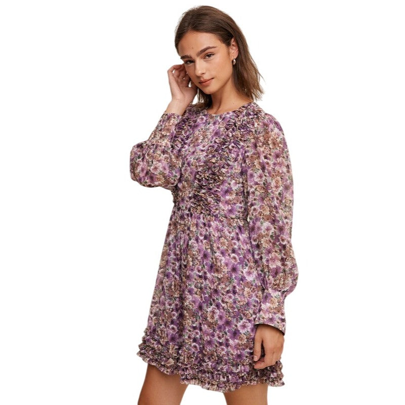 Listicle Floral Ruffle Long Sleeve Violet Mini Dress LD1311