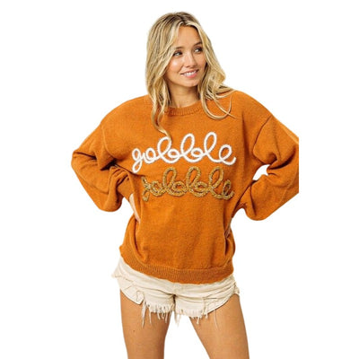 BIBI THANKSGIVING GOBBLE GOBBLE TINSEL METALLIC LETTERING RUST SWEATER IP5685G