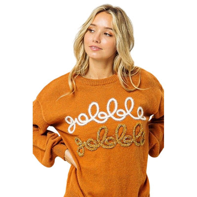 BIBI THANKSGIVING GOBBLE GOBBLE TINSEL METALLIC LETTERING RUST SWEATER IP5685G