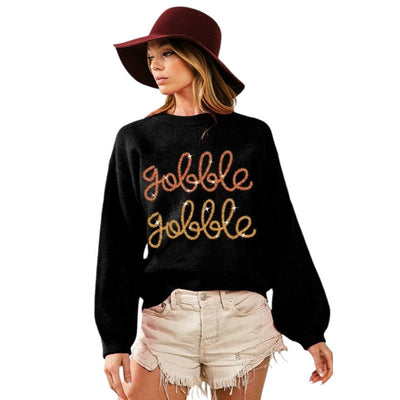 BIBI THANKSGIVING GOBBLE GOBBLE TINSEL METALLIC LETTERING BLACK SWEATER IP5685G