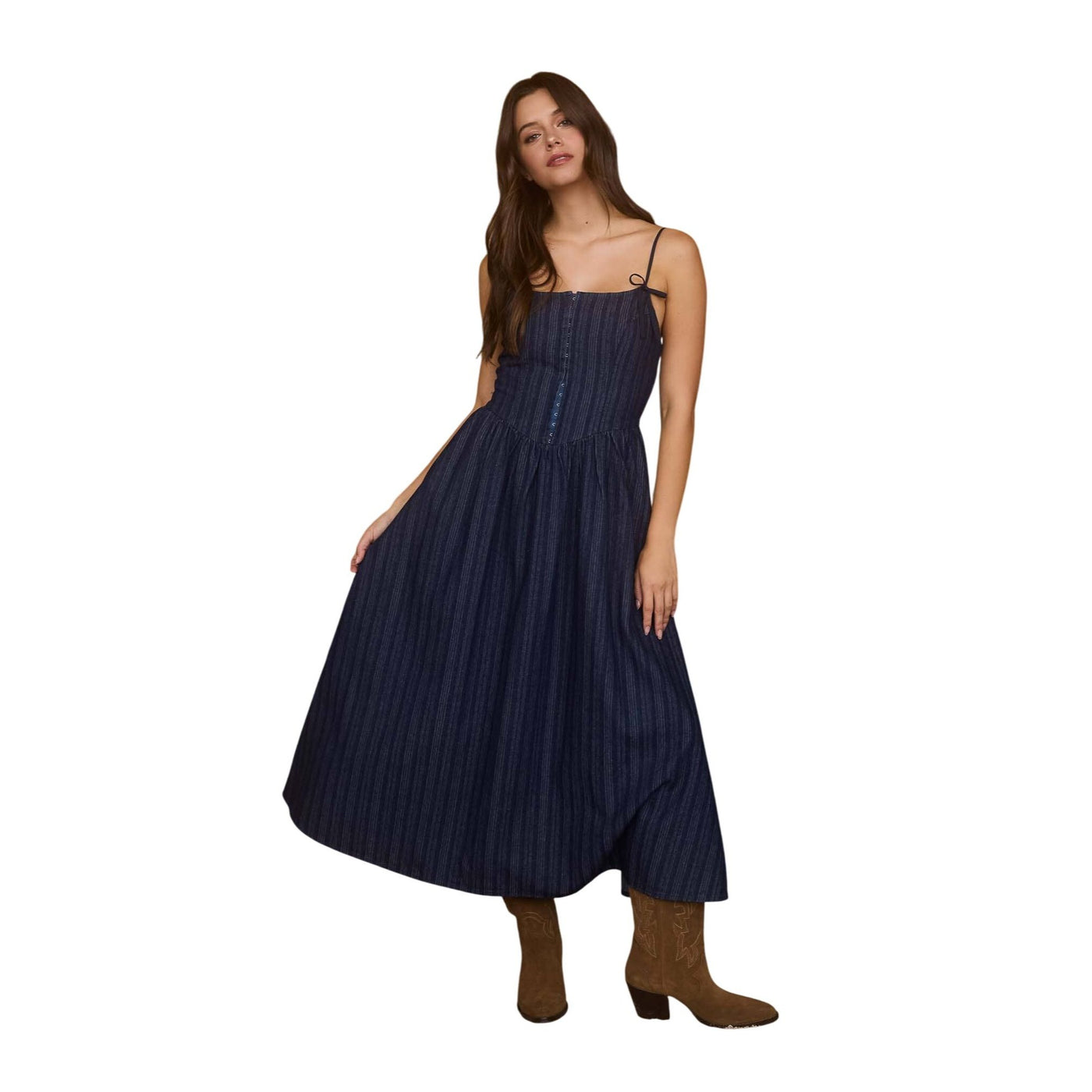 Blu Pepper Stripe Front Hook Corset Denim Midi Dress CR2650