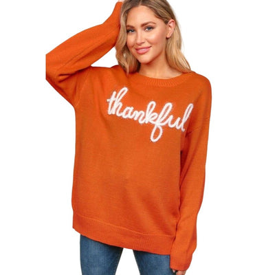 Haptics Thankful Yarn Embroidery Pop Up Letter Oversized Rust Sweater HCT4129A