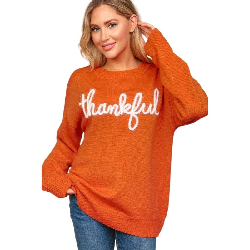 Haptics Thankful Yarn Embroidery Pop Up Letter Oversized Rust Sweater HCT4129A