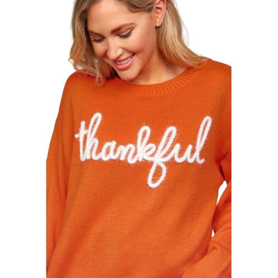 Haptics Thankful Yarn Embroidery Pop Up Letter Oversized Rust Sweater HCT4129A