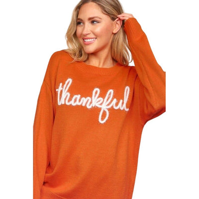 Haptics Thankful Yarn Embroidery Pop Up Letter Oversized Rust Sweater HCT4129A