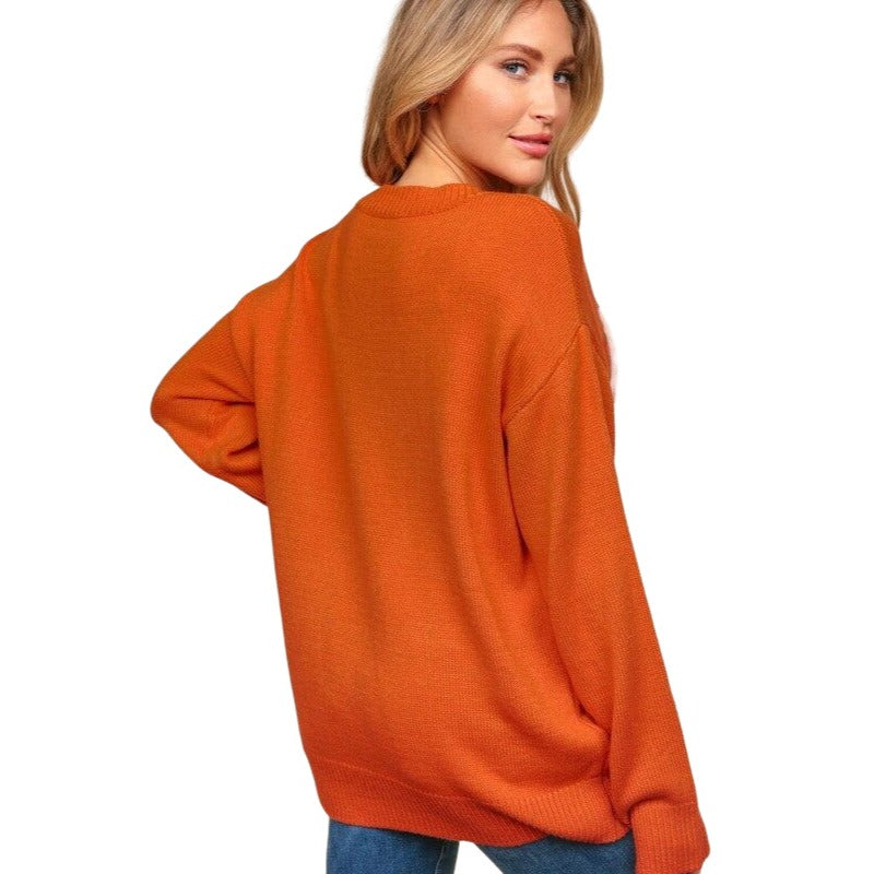 Haptics Thankful Yarn Embroidery Pop Up Letter Oversized Rust Sweater HCT4129A