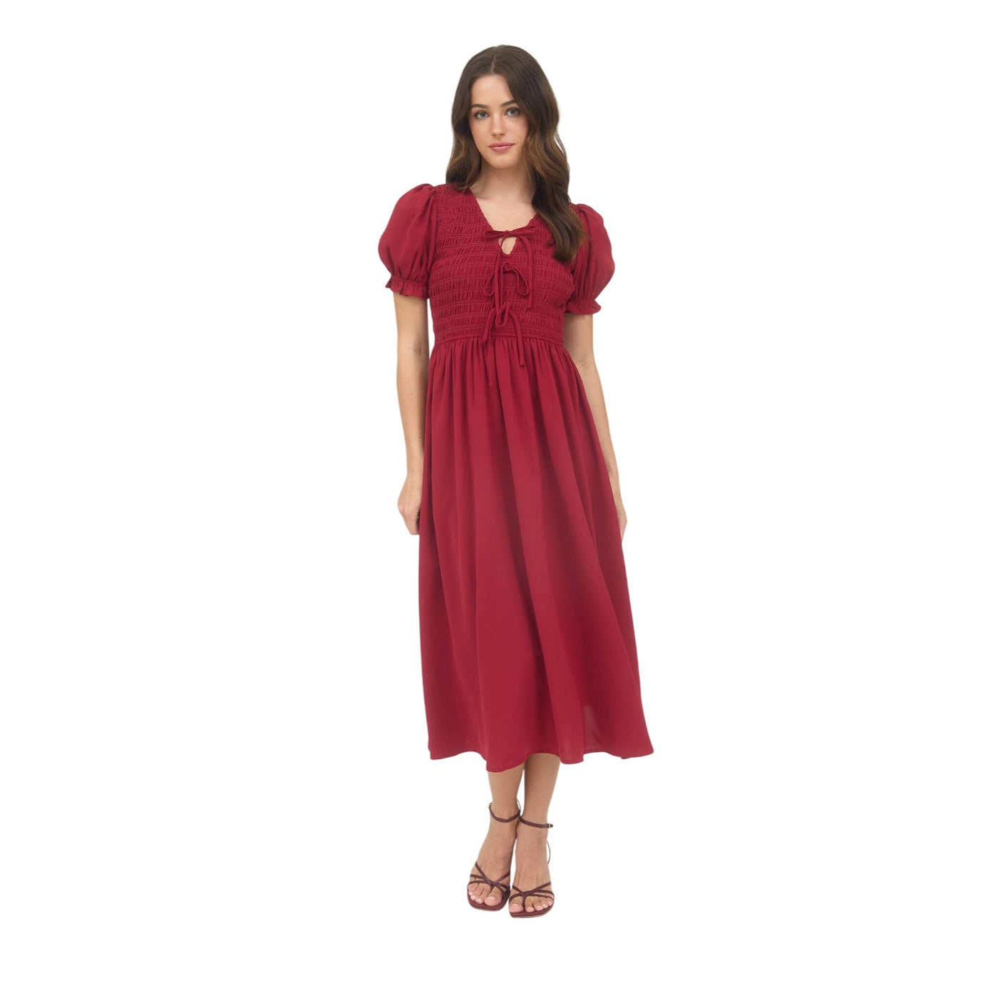 Women's V Neck Smocked Tie Front Puff Sleeve Midi Dress - Navy Small (0-4) Women's V Neck Smocked Tie Front Puff Sleeve Midi Dress - Navy Small (0-4)