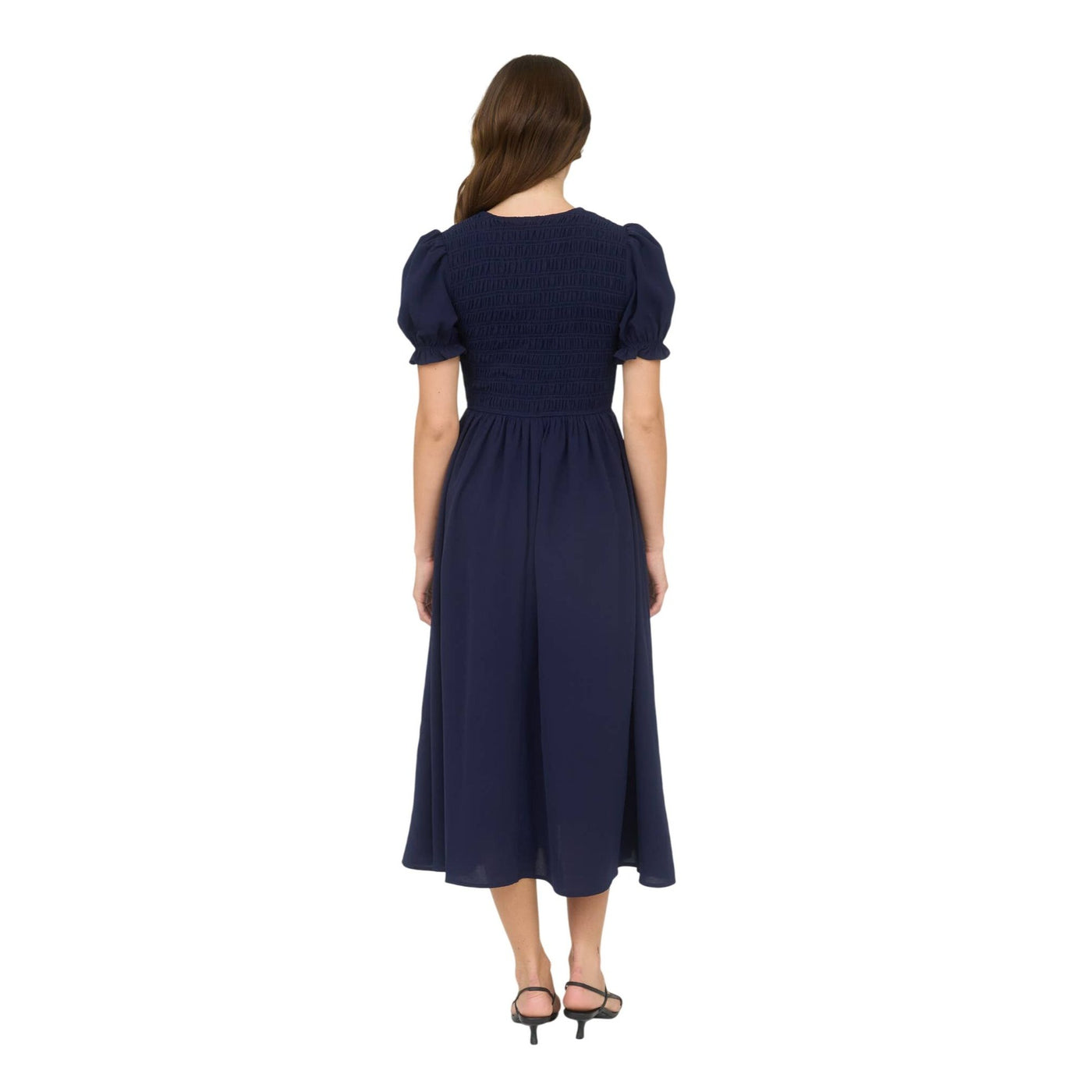 Blu Pepper V-Neck Front Tie Smocked Puff Sleeve Midi Dress CR2694