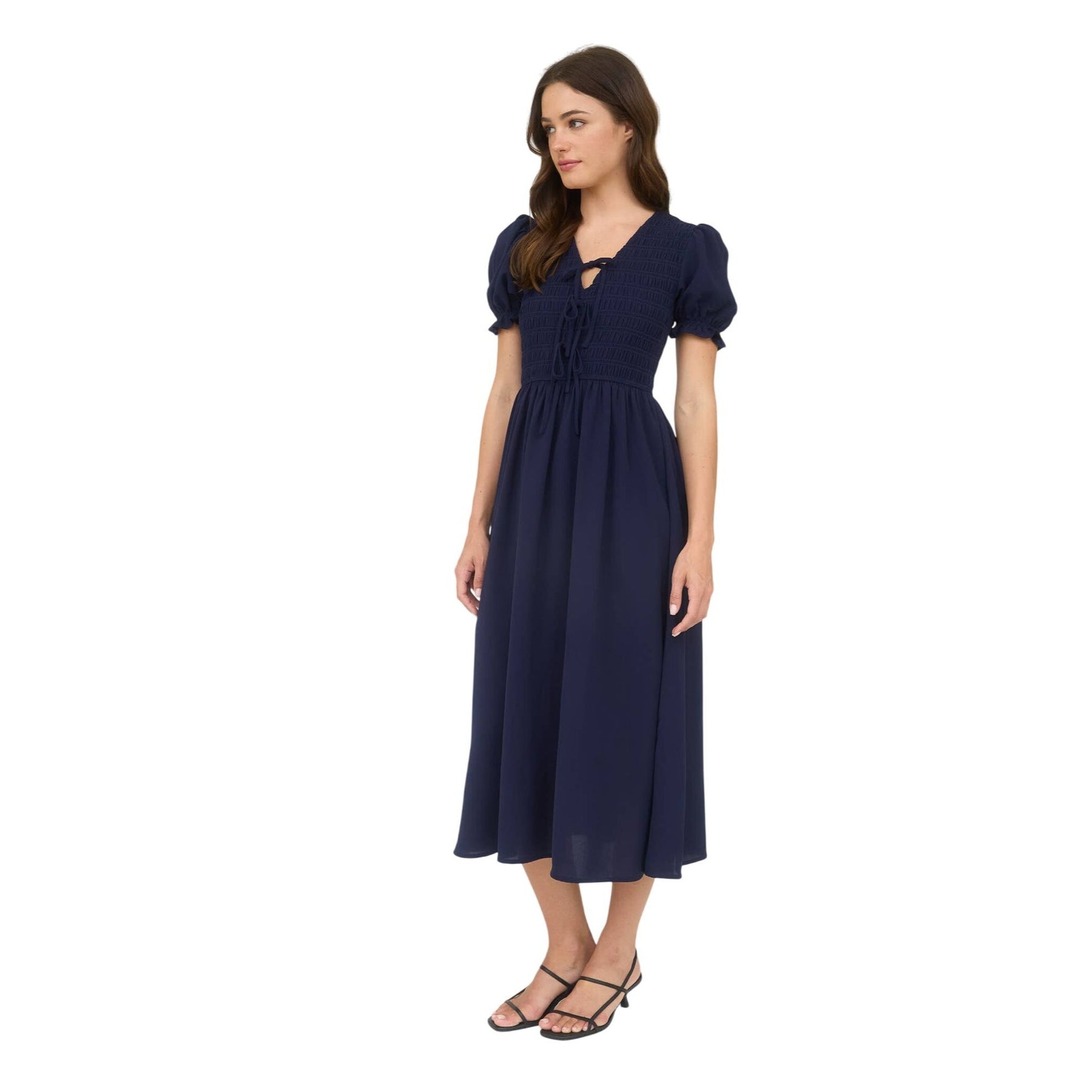 Women's V Neck Smocked Tie Front Puff Sleeve Midi Dress - Navy Small (0-4) Women's V Neck Smocked Tie Front Puff Sleeve Midi Dress - Navy Small (0-4)