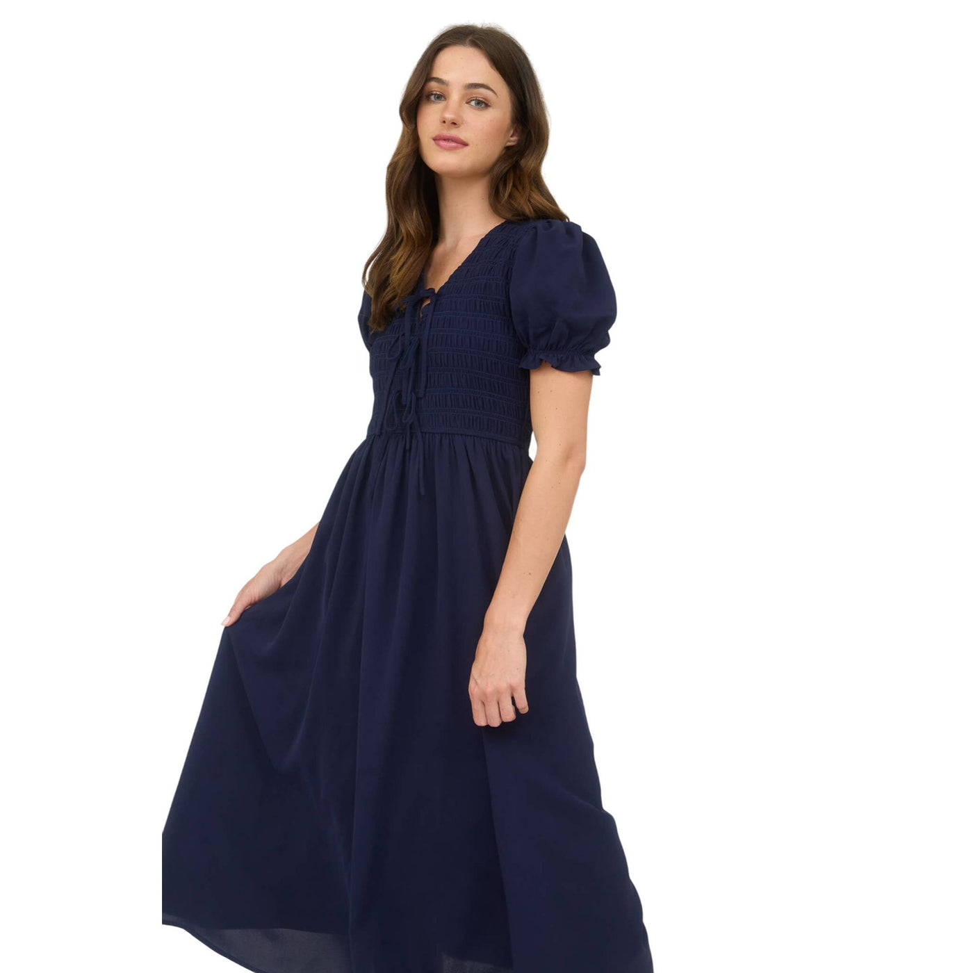 Blu Pepper V-Neck Front Tie Smocked Puff Sleeve Midi Dress CR2694