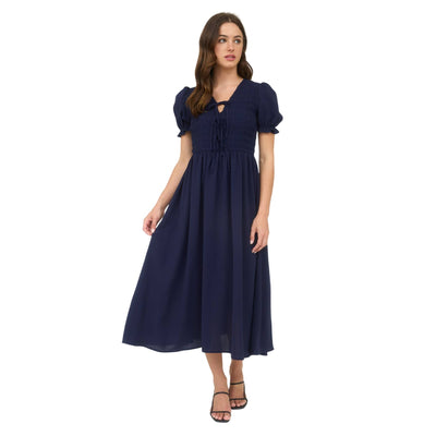 Blu Pepper V-Neck Front Tie Smocked Puff Sleeve Midi Dress CR2694