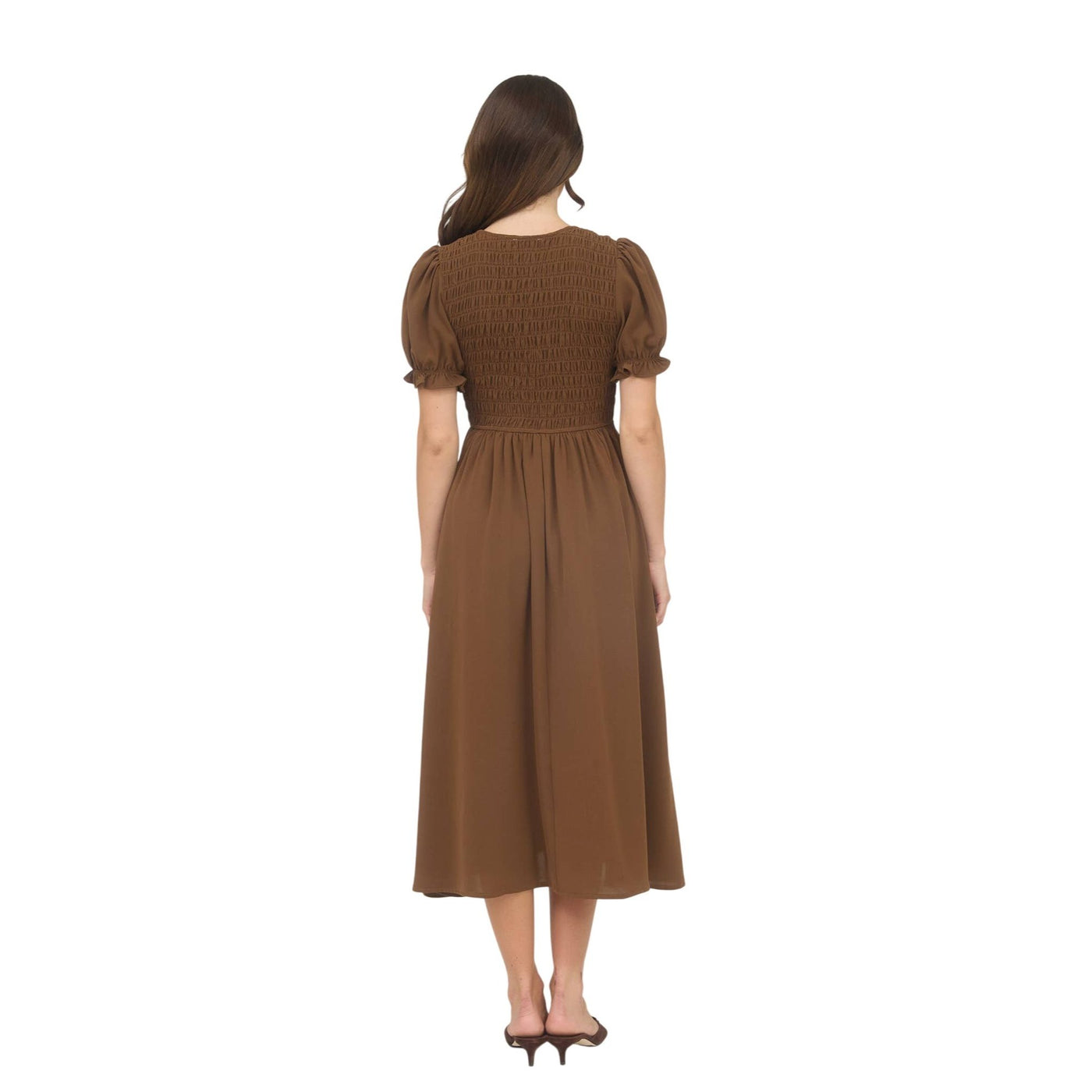 Blu Pepper V-Neck Front Tie Smocked Puff Sleeve Midi Dress CR2694