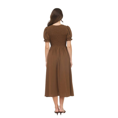 Blu Pepper V-Neck Front Tie Smocked Puff Sleeve Midi Dress CR2694