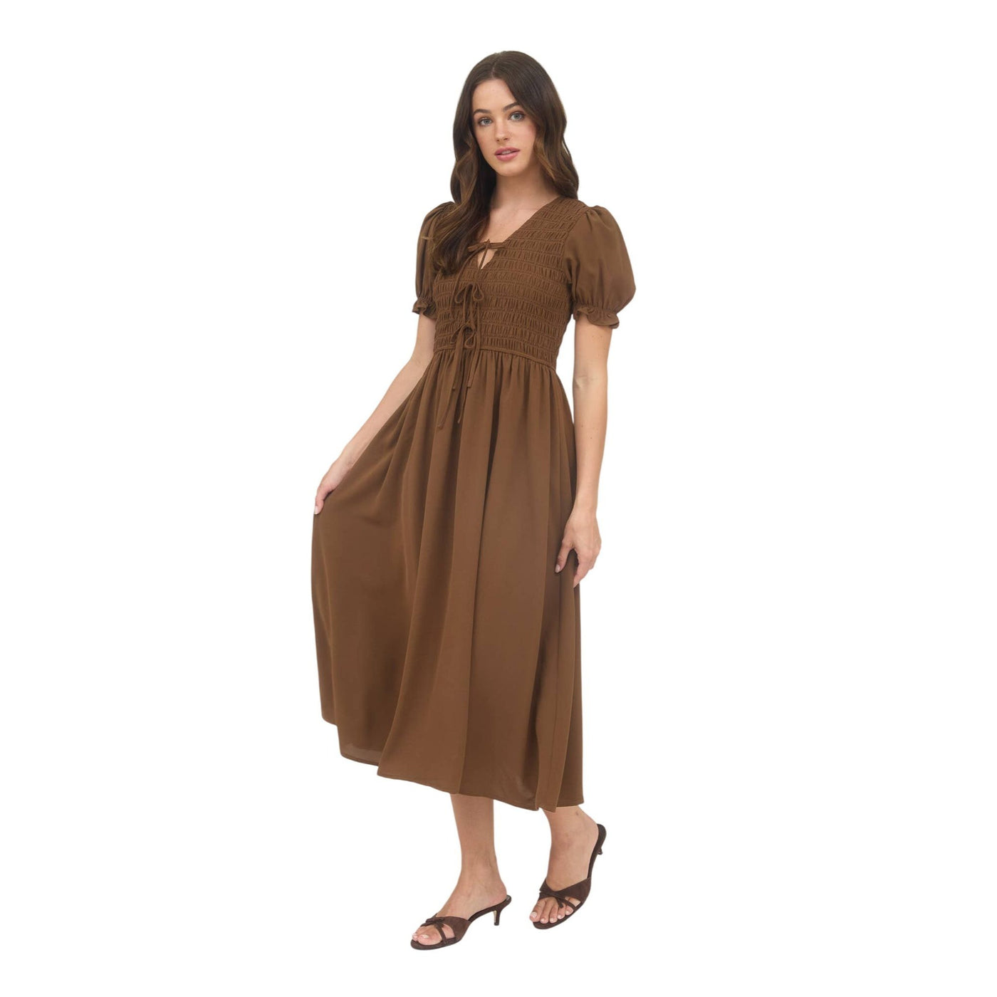 Blu Pepper V-Neck Front Tie Smocked Puff Sleeve Midi Dress CR2694 dalia + jade Blu Pepper V-Neck Front Tie Smocked Puff Sleeve Midi Dress CR2694 dalia + jade