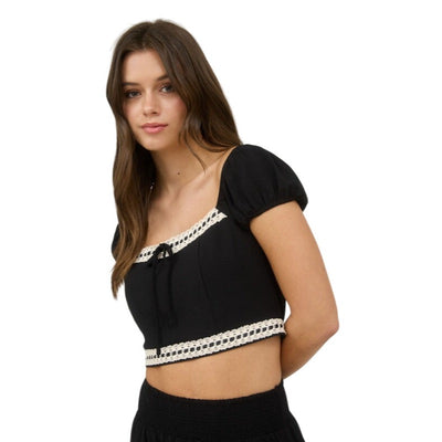 Blu Pepper Contrast Lace Trim Smocked Waist Midi Skirt and Cropped Top Set CR2666-B