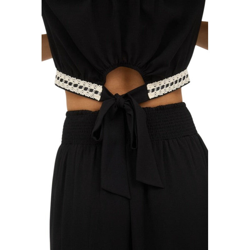 Blu Pepper Contrast Lace Trim Smocked Waist Midi Skirt and Cropped Top Set CR2666-B