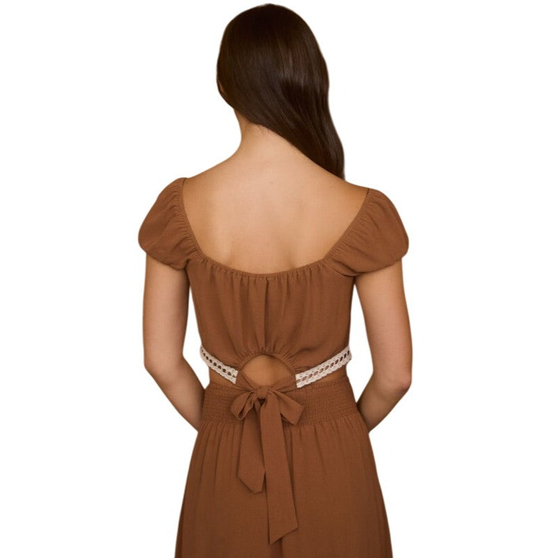 Blu Pepper Contrast Lace Trim Smocked Waist Midi Skirt and Cropped Top Set CR2666-B