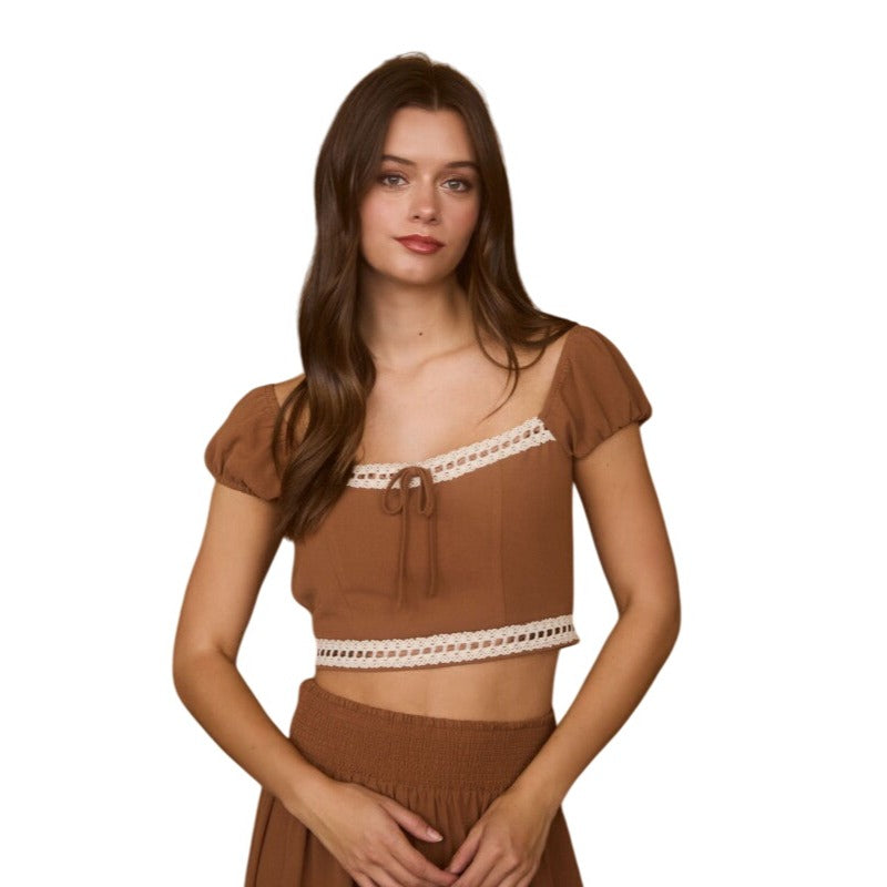 Blu Pepper Contrast Lace Trim Smocked Waist Midi Skirt and Cropped Top Set CR2666-B