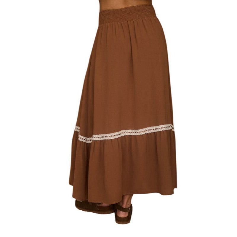 Blu Pepper Contrast Lace Trim Smocked Waist Midi Skirt and Cropped Top Set CR2666-B