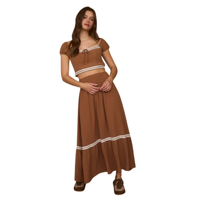 Blu Pepper Contrast Lace Trim Smocked Waist Midi Skirt and Cropped Top Set CR2666-B Brown / Large Blu Pepper Contrast Lace Trim Smocked Waist Midi Skirt and Cropped Top Set CR2666-B Brown / Large