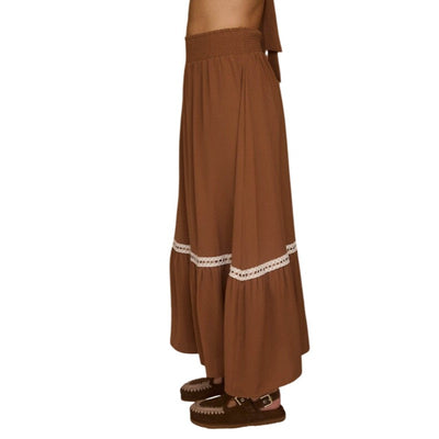 Blu Pepper Contrast Lace Trim Smocked Waist Midi Skirt and Cropped Top Set CR2666-B