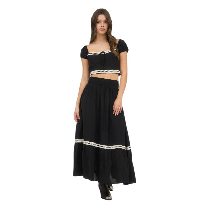 Blu Pepper Contrast Lace Trim Smocked Waist Midi Skirt and Cropped Top Set CR2666-B Brown / Large