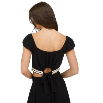 Blu Pepper Contrast Lace Trim Smocked Waist Midi Skirt and Cropped Top Set CR2666-B