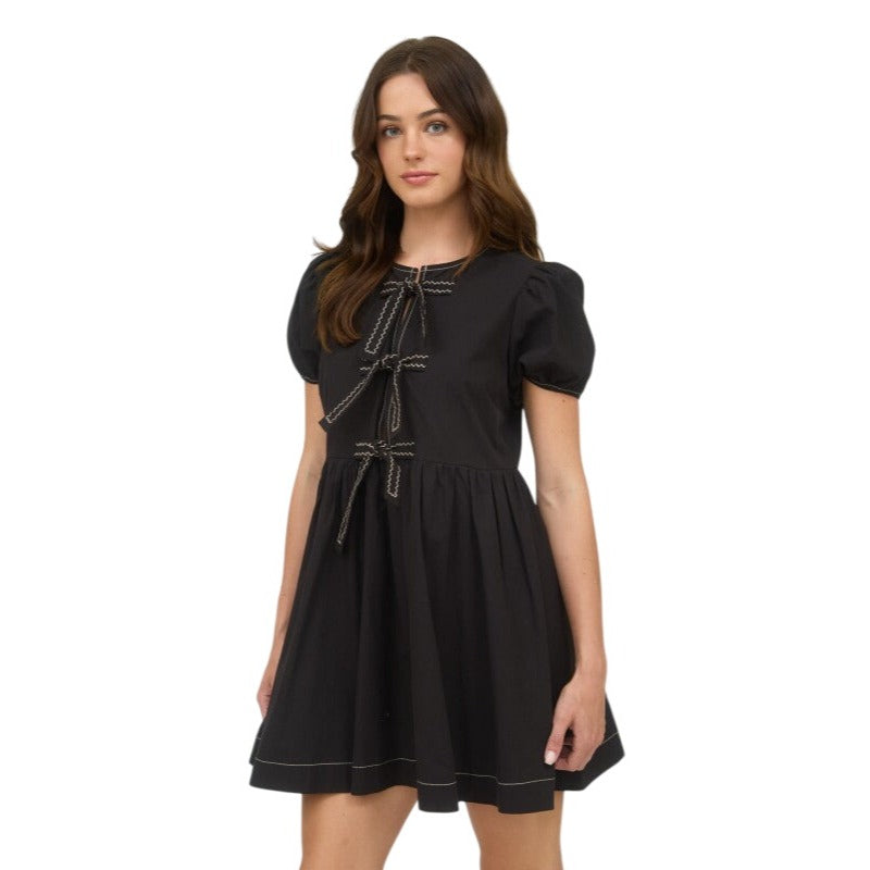 Blu Pepper Front Tie Short Puff Sleeve Babydoll Mini Dress CR2634