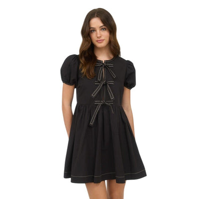 Blu Pepper Front Tie Short Puff Sleeve Babydoll Mini Dress CR2634