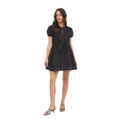 Blu Pepper Front Tie Short Puff Sleeve Babydoll Mini Dress CR2634