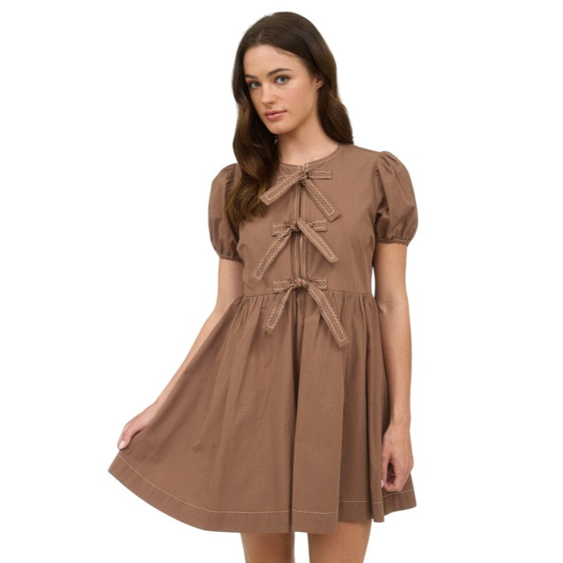 Blu Pepper Front Tie Short Puff Sleeve Babydoll Mini Dress CR2634