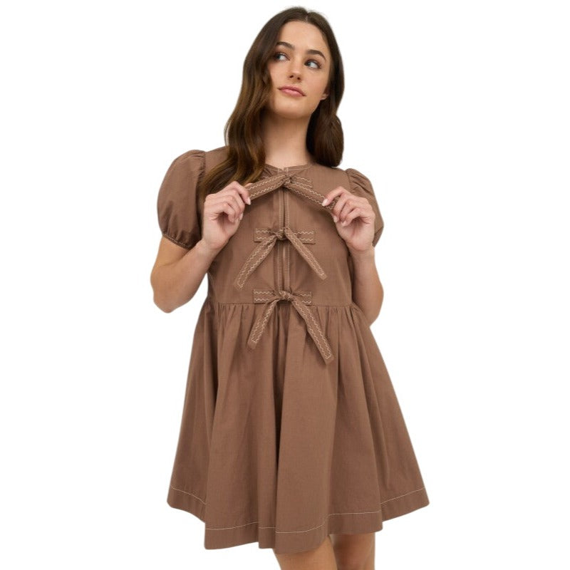 Blu Pepper Front Tie Short Puff Sleeve Babydoll Mini Dress CR2634